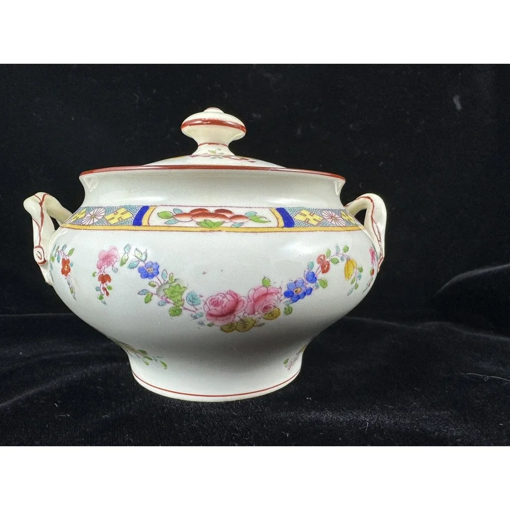 Mintons Rose Sugar Bowl & Lid England Globe Stamp Antique Edwardian Garland